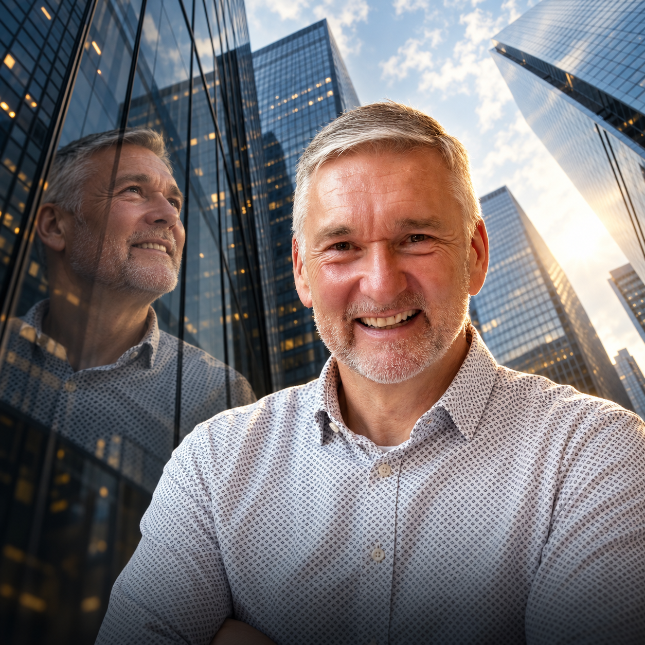 Porträt mit direktem Blick zur Kamera und einer Spiegelung mit Blick nach oben zwischen gläsernen Geschäftshäusern